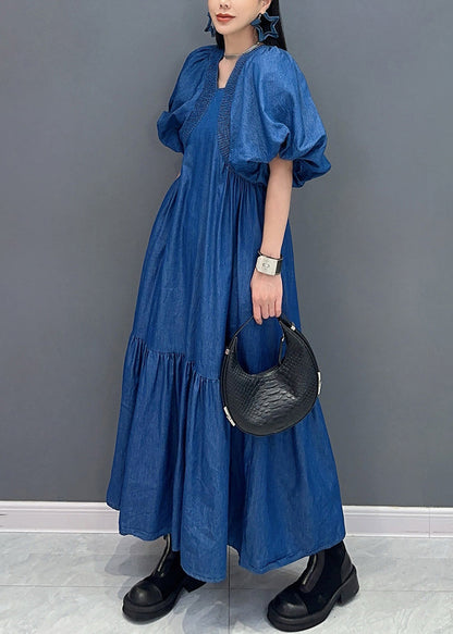 French Blue Wrinkled Patchwork Thin Denim Long Dress Summer