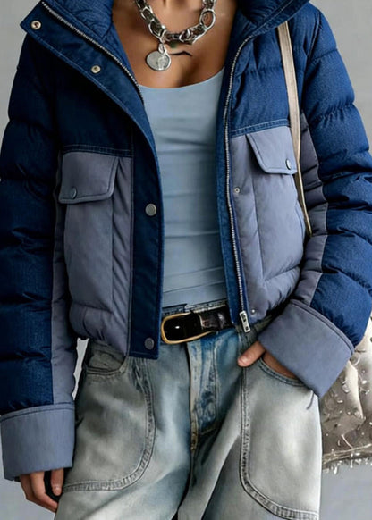 French Blue Zip Up Pockets Patchwork Duck Down Jackets Winter