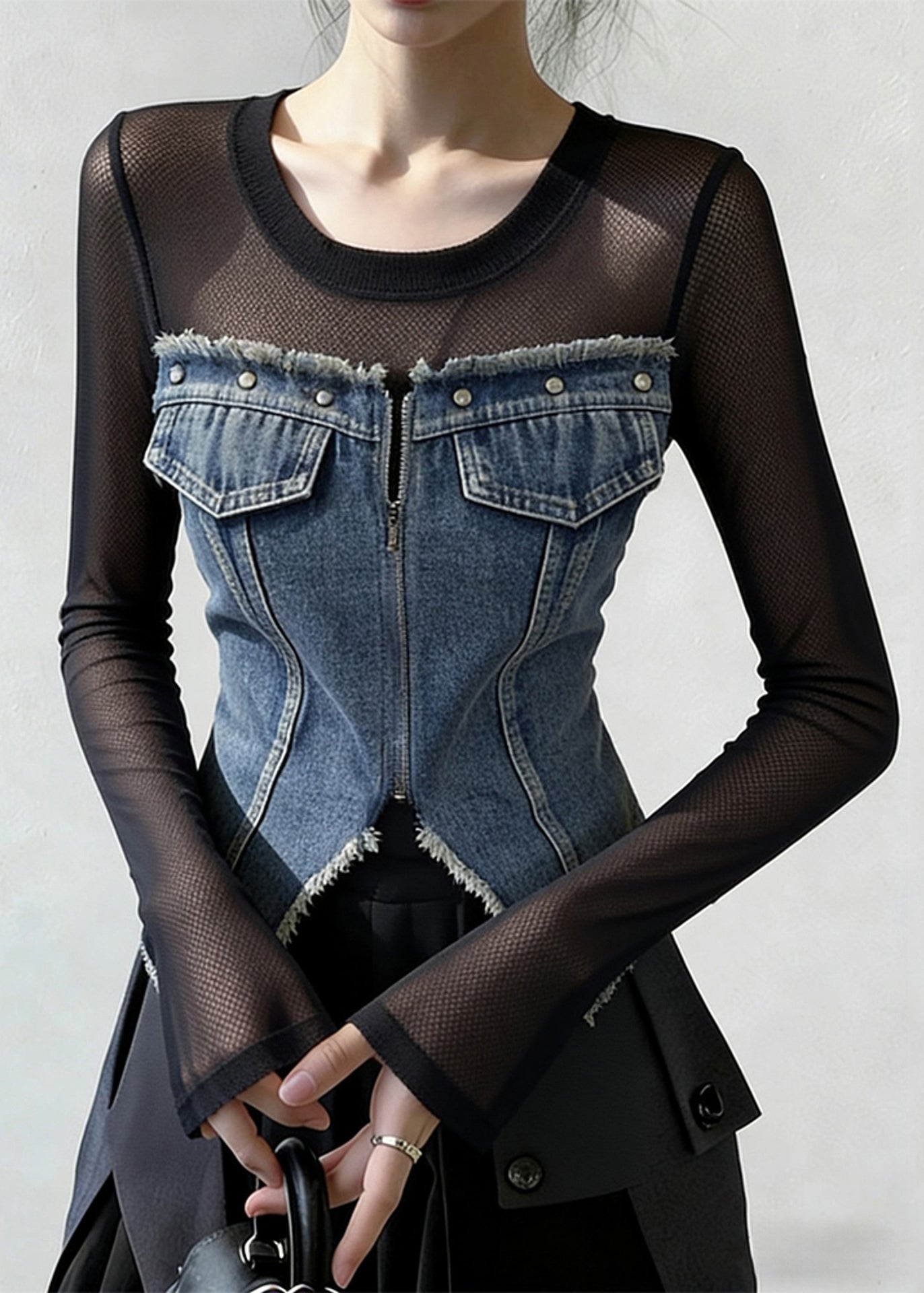 French Blue Zippered Front Open Tulle Patchwork Denim T Shirt Spring