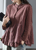 French Brick Red Stand Collar Embroidered Patchwork Cotton Shirt Spring