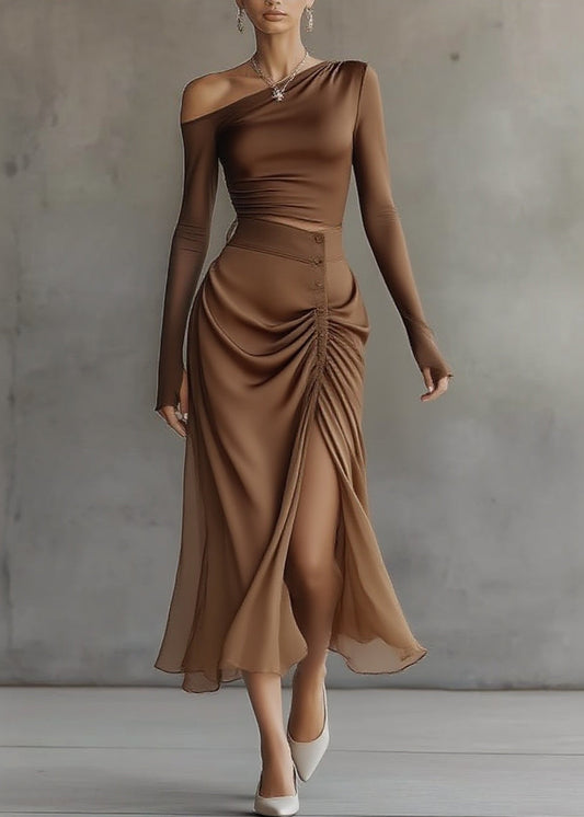French Brown Asymmetrical Top And Maxi Skirts Two Pieces Set Spring
