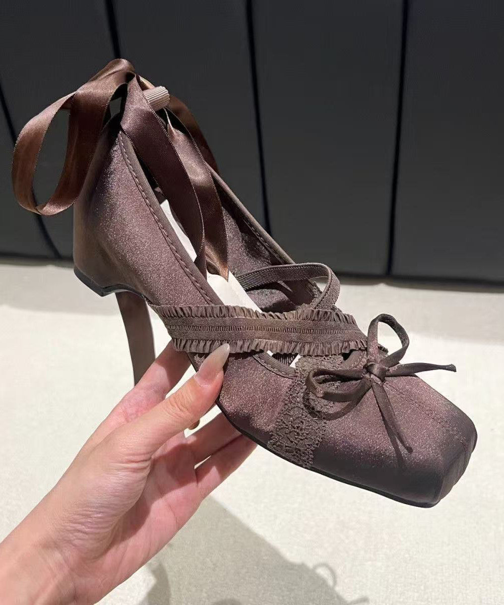 French Brown Ballet Style Bow Lace Up Wedge Heel Shoes