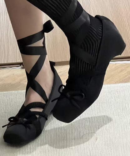 French Brown Ballet Style Bow Lace Up Wedge Heel Shoes