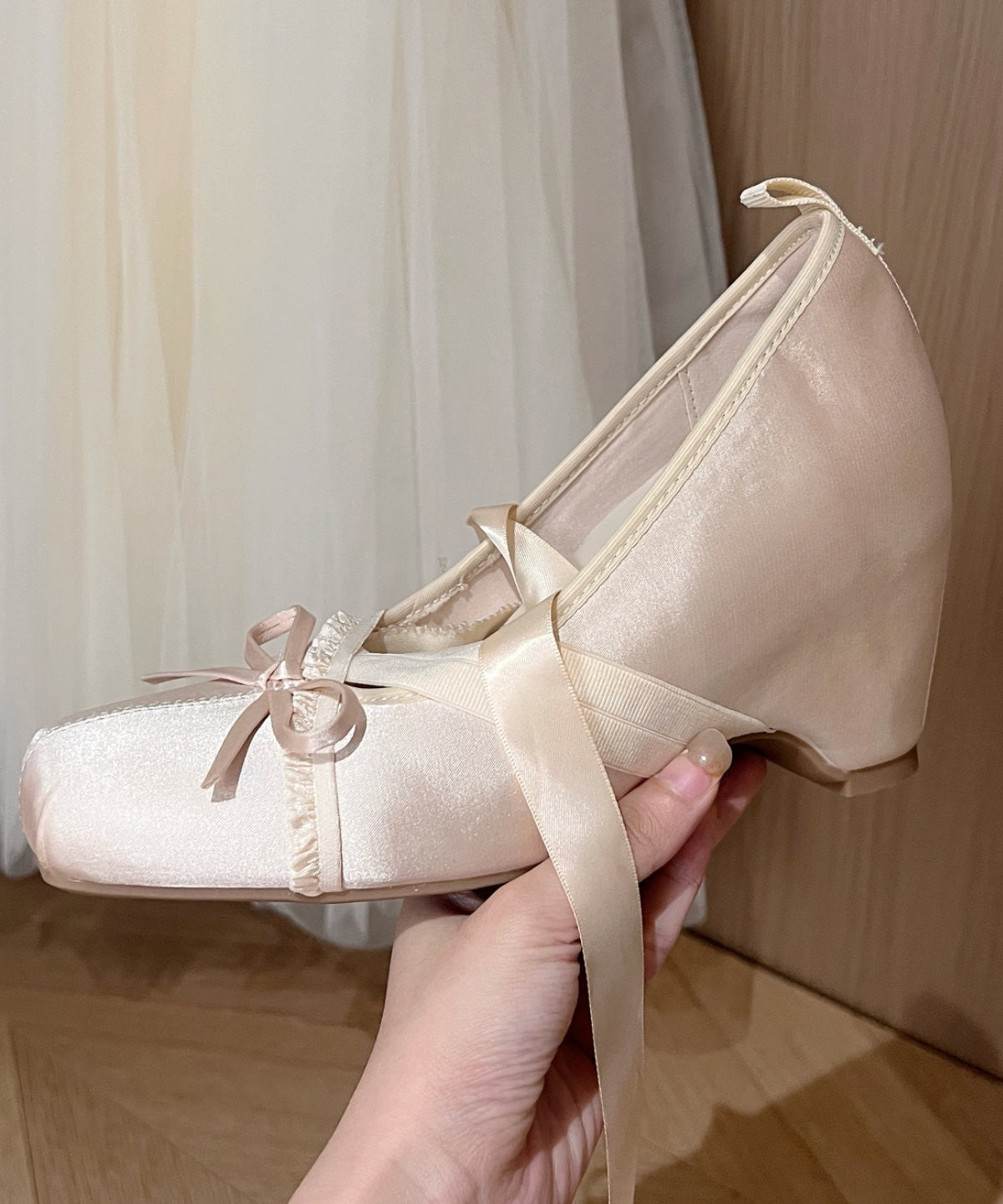 French Brown Ballet Style Bow Lace Up Wedge Heel Shoes