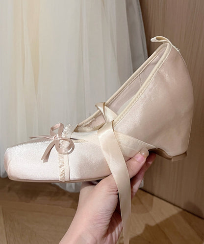 French Brown Ballet Style Bow Lace Up Wedge Heel Shoes