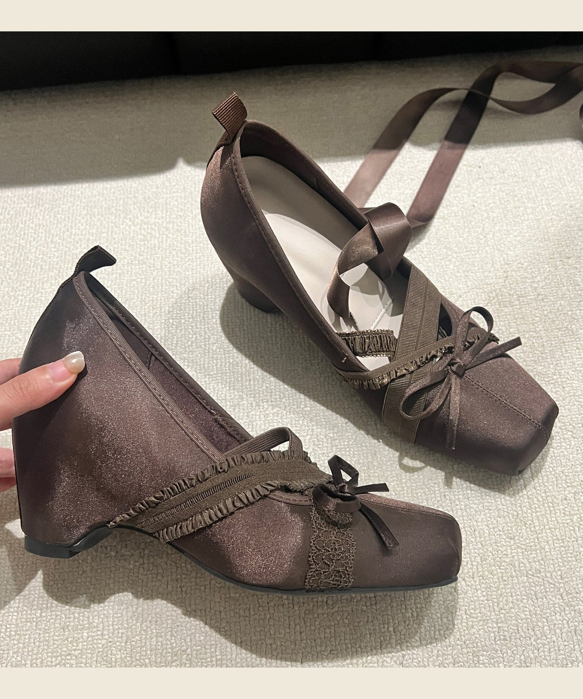 French Brown Ballet Style Bow Lace Up Wedge Heel Shoes