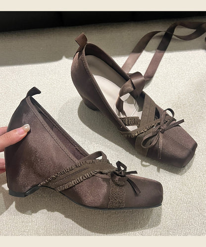 French Brown Ballet Style Bow Lace Up Wedge Heel Shoes