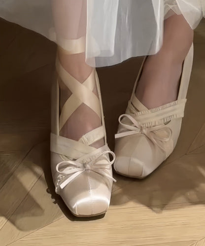French Brown Ballet Style Bow Lace Up Wedge Heel Shoes