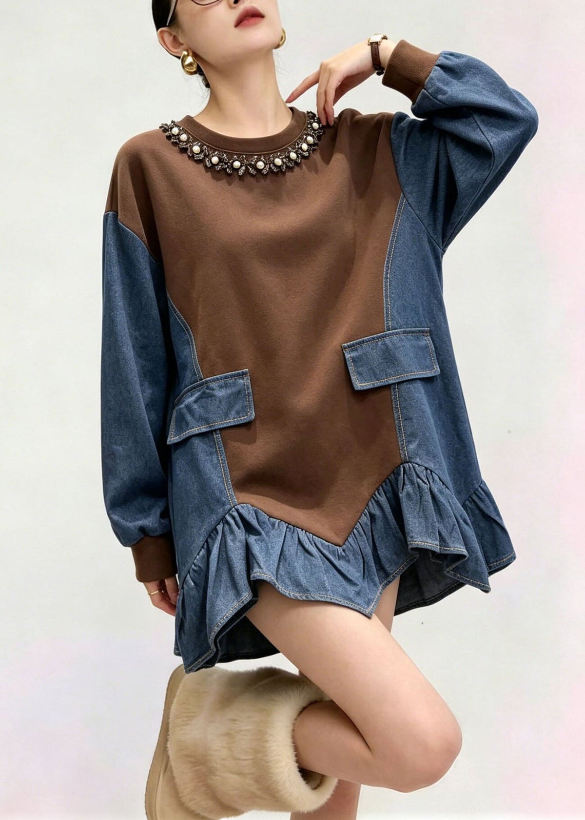 French Brown O Neck Asymmetrical Design Patchwork Denim Top Fall