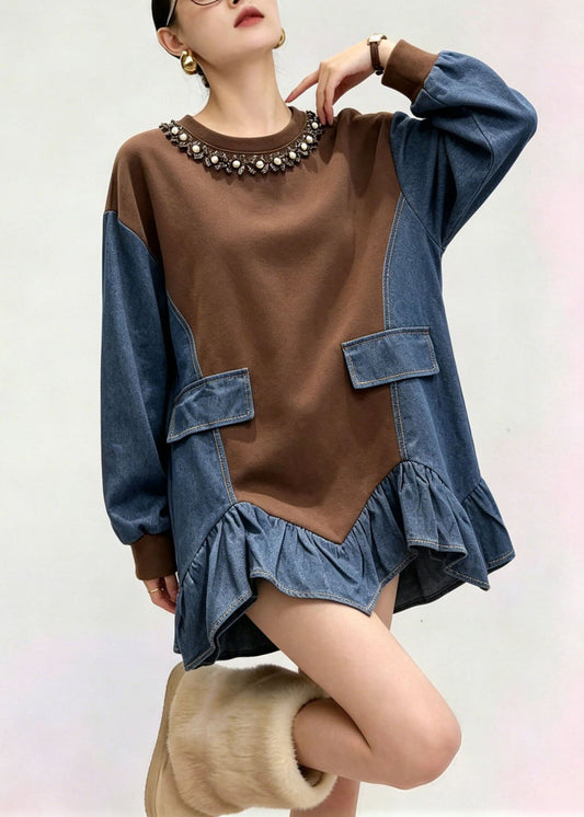 French Brown O Neck Asymmetrical Design Patchwork Denim Top Fall