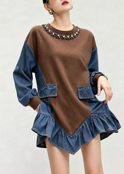 French Brown O Neck Asymmetrical Design Patchwork Denim Top Fall