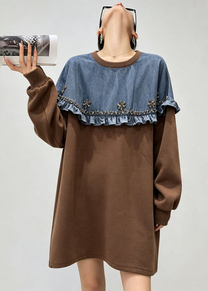 French Brown O Neck Denim Ruffled Patchwork Cotton Top Fall