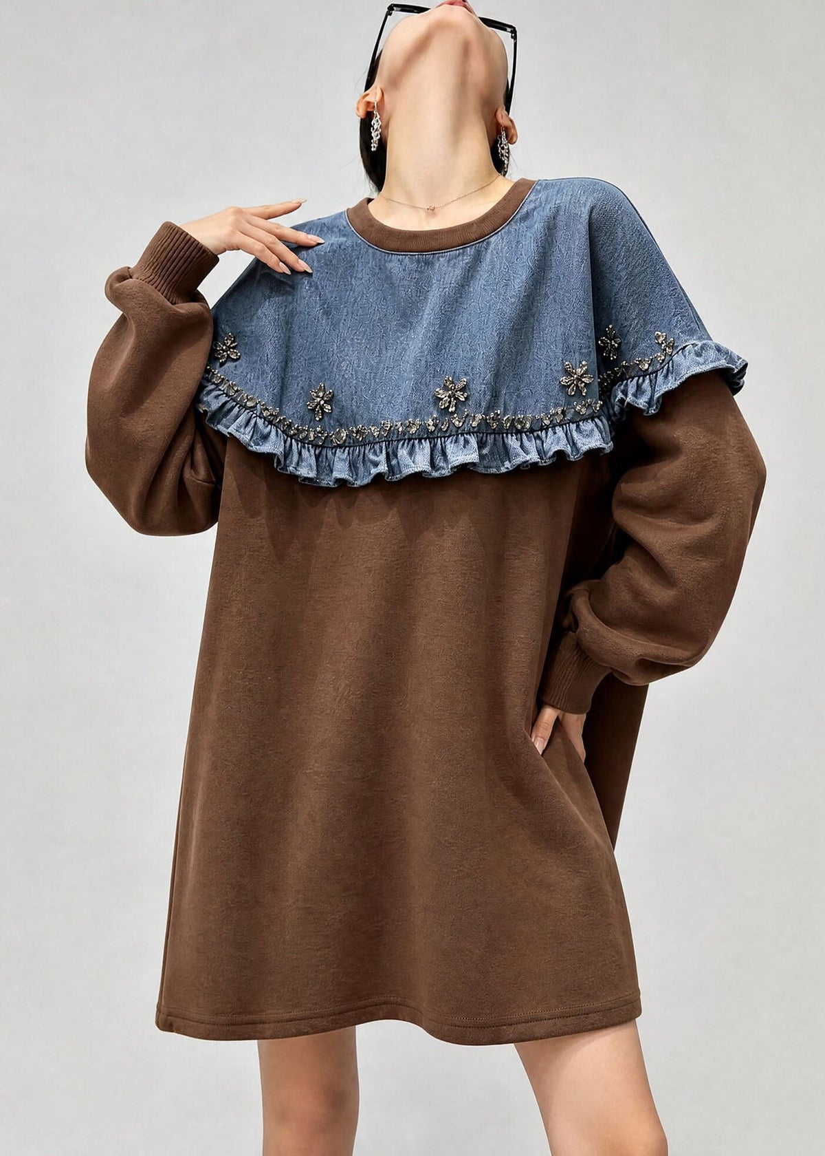 French Brown O Neck Denim Ruffled Patchwork Cotton Top Fall