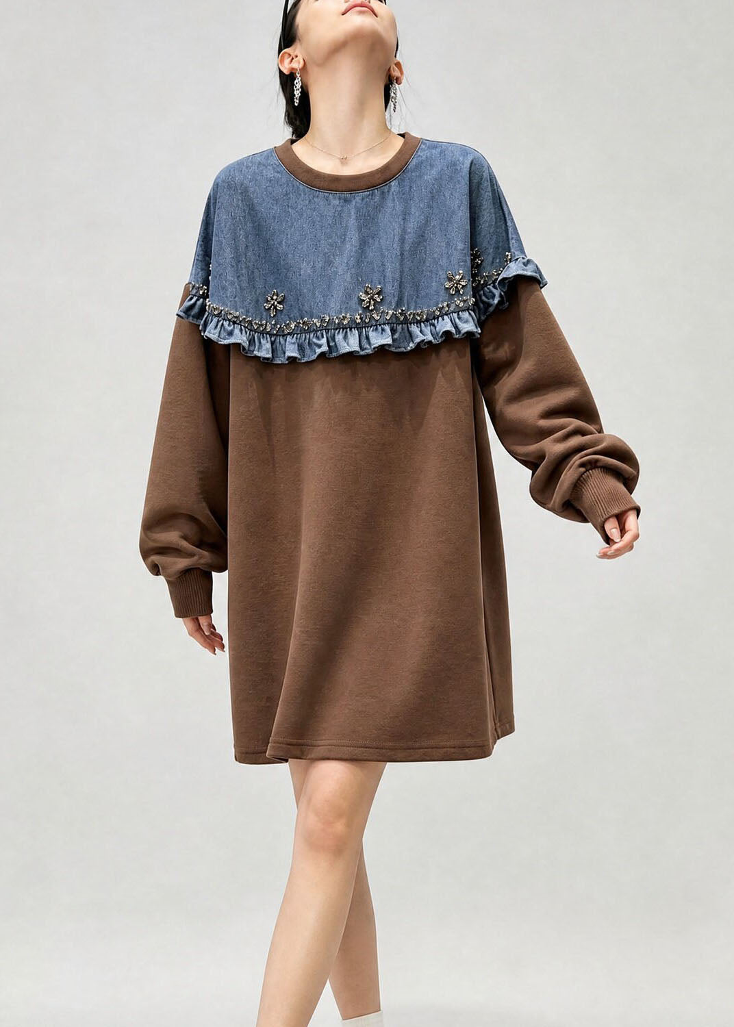 French Brown O Neck Denim Ruffled Patchwork Cotton Top Fall
