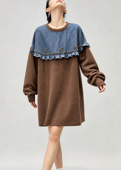French Brown O Neck Denim Ruffled Patchwork Cotton Top Fall
