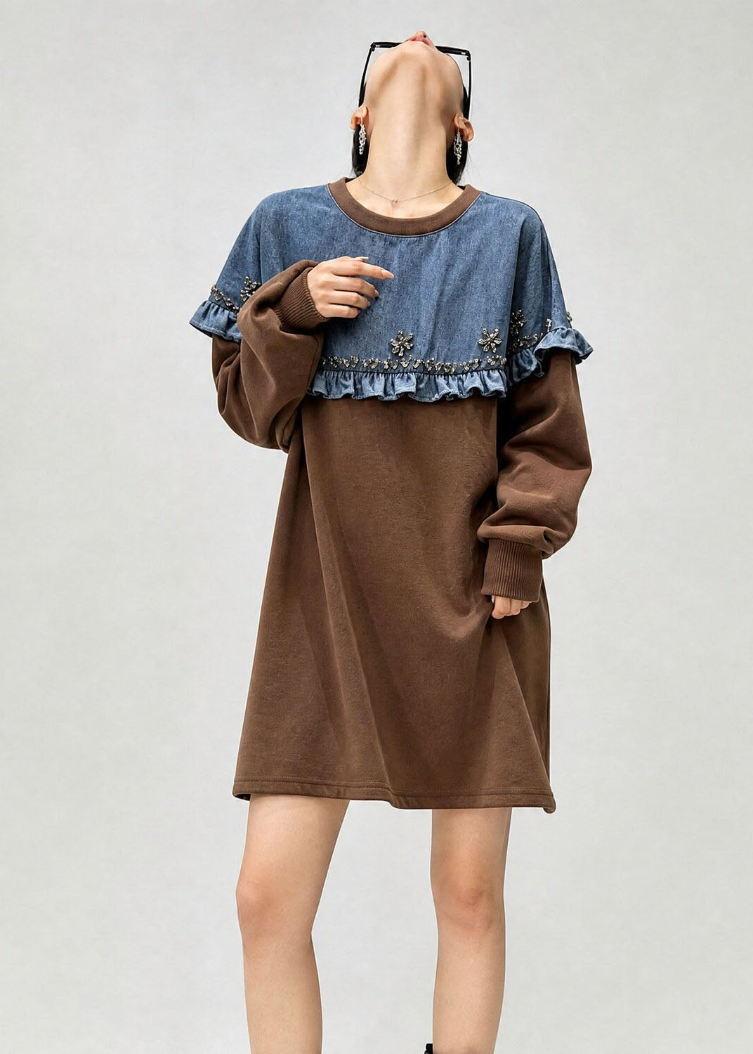 French Brown O Neck Denim Ruffled Patchwork Cotton Top Fall
