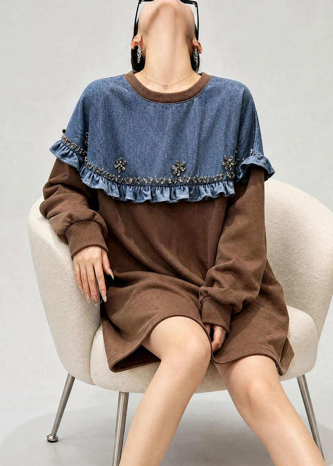 French Brown O Neck Denim Ruffled Patchwork Cotton Top Fall