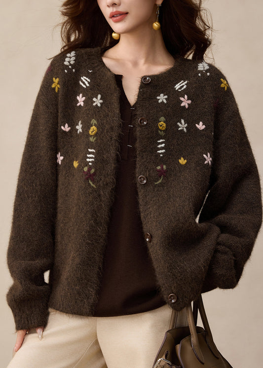 French Brown O Neck Embroidered Button Woolen Cardigans Winter
