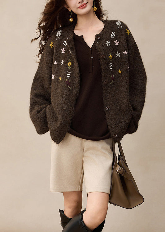 French Brown O Neck Embroidered Button Woolen Cardigans Winter