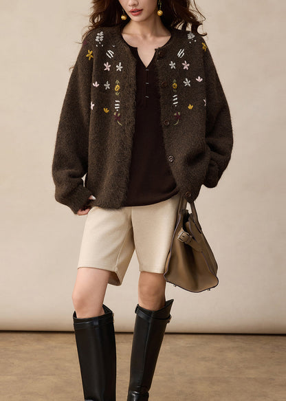 French Brown O Neck Embroidered Button Woolen Cardigans Winter