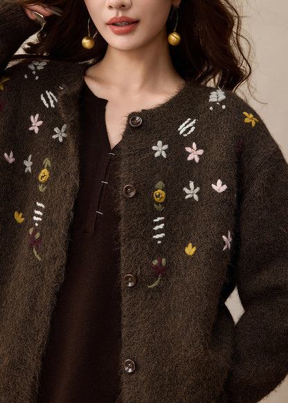 French Brown O Neck Embroidered Button Woolen Cardigans Winter