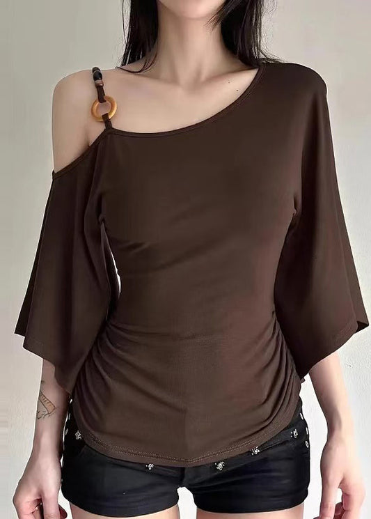 French Brown One Shoulder Wrinkled Cotton Tank Tops Summer
