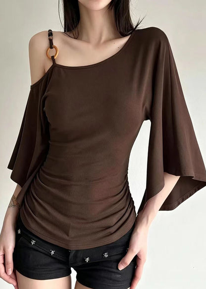 French Brown One Shoulder Wrinkled Cotton Tank Tops Summer