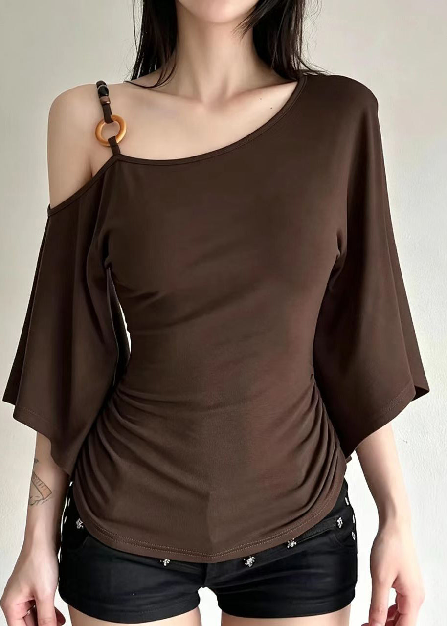 French Brown One Shoulder Wrinkled Cotton Tank Tops Summer