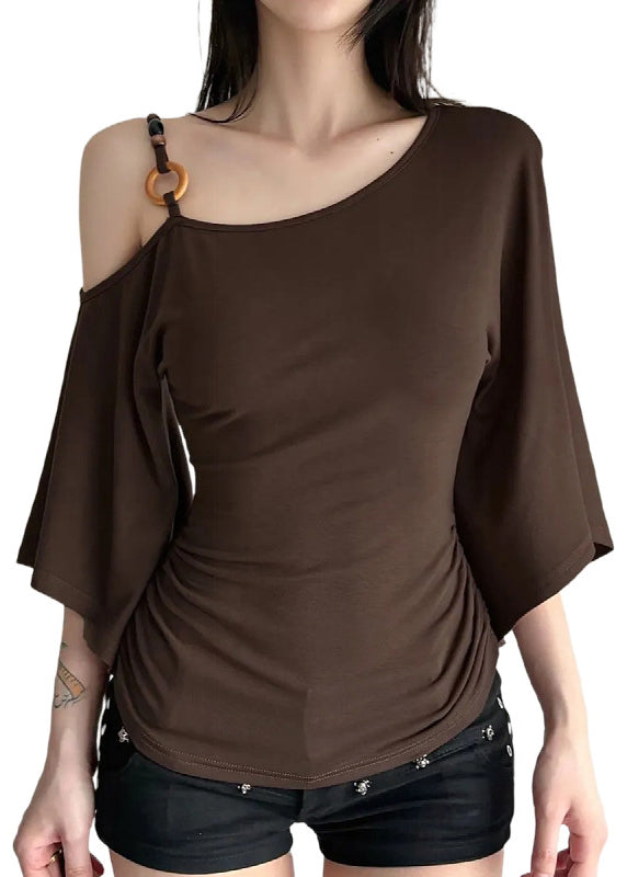 French Brown One Shoulder Wrinkled Cotton Tank Tops Summer