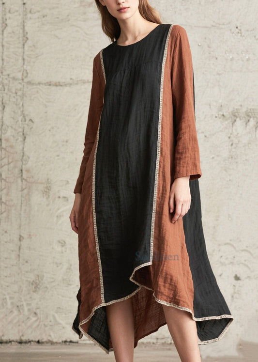 French Brown Oversized Patchwork Cotton Long Dress Spring