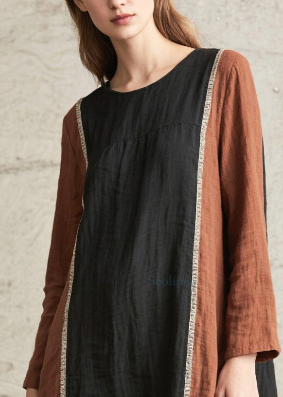 French Brown Oversized Patchwork Cotton Long Dress Spring