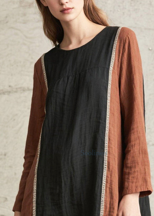 French Brown Oversized Patchwork Cotton Long Dress Spring