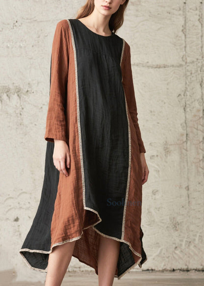 French Brown Oversized Patchwork Cotton Long Dress Spring