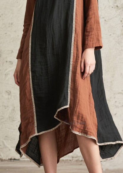 French Brown Oversized Patchwork Cotton Long Dress Spring