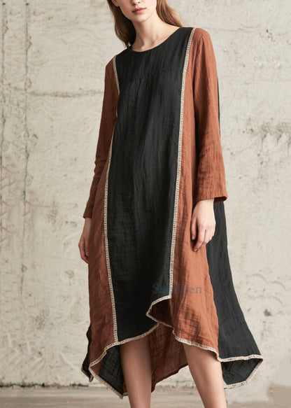 French Brown Oversized Patchwork Cotton Long Dress Spring