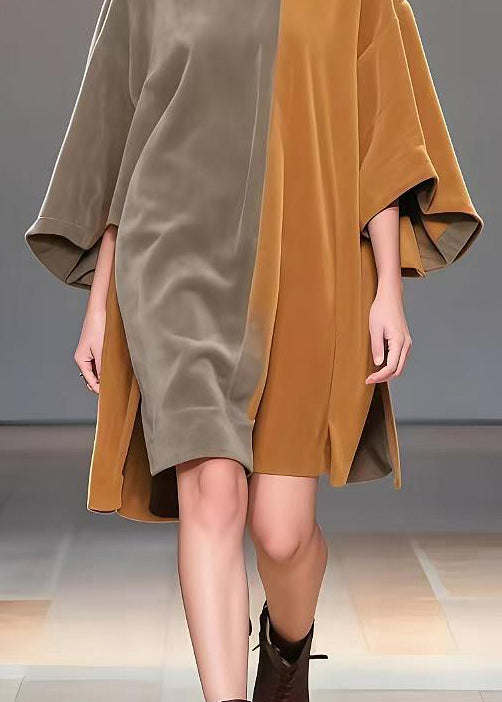 French Brown Oversized Patchwork Side Open Corduroy Dress Spring