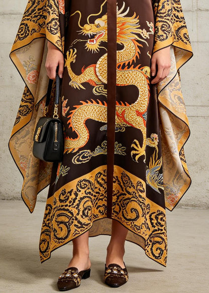 French Brown Oversized Print Ankle Dress Batwing Sleeve