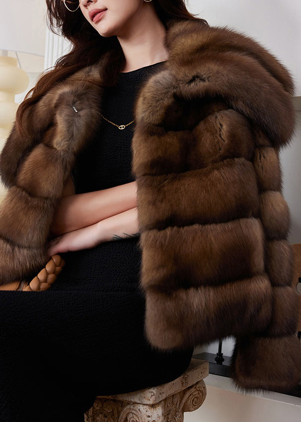 French Brown Peter Pan Collar Striped Mink Hair Coats Winter