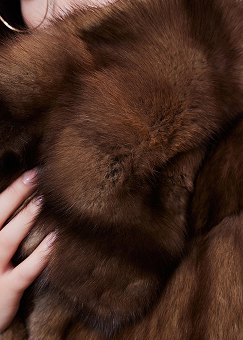 French Brown Peter Pan Collar Striped Mink Hair Coats Winter