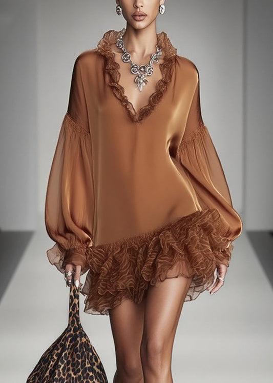French Brown Ruffles Patchwork Chiffon Mid Dress Spring