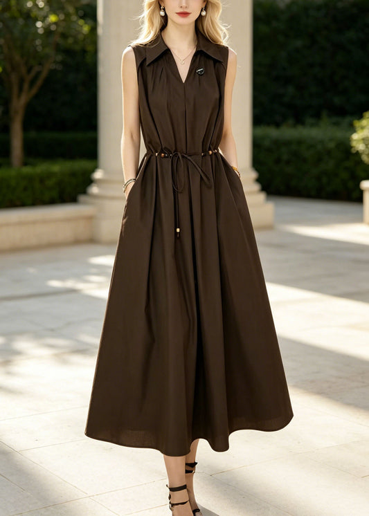 French Brown Tie Waist Exra Large Hem Cotton Long Dresses Sleeveless