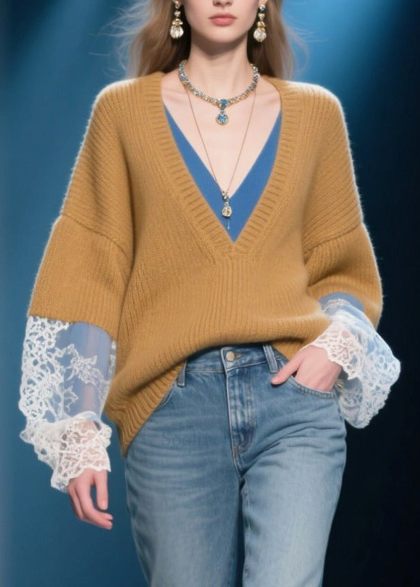 French Brown V Neck Patchwork Fake Two Piece Sweaters Winter