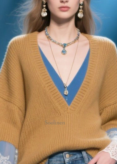 French Brown V Neck Patchwork Fake Two Piece Sweaters Winter