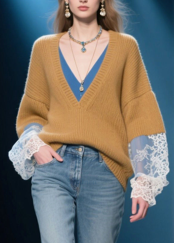 French Brown V Neck Patchwork Fake Two Piece Sweaters Winter