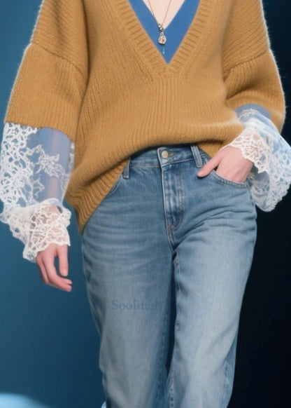 French Brown V Neck Patchwork Fake Two Piece Sweaters Winter