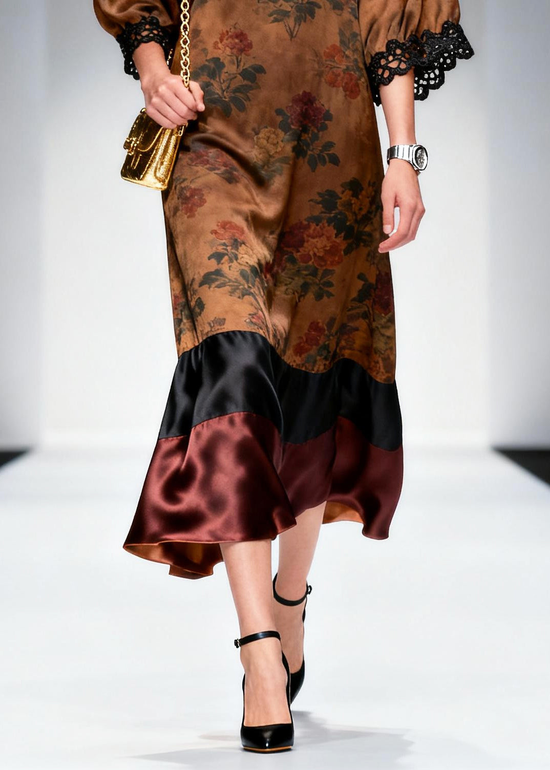 French Brown V Neck Patchwork Print Silk Robe Dresses Summer