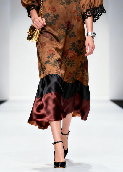 French Brown V Neck Patchwork Print Silk Robe Dresses Summer