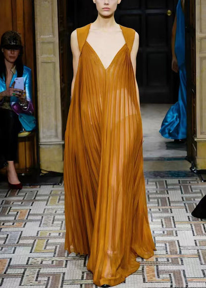 French Brown V Neck Wrinkled Chiffon Long Dresses Sleeveless