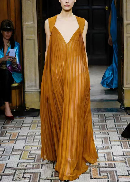 French Brown V Neck Wrinkled Chiffon Long Dresses Sleeveless