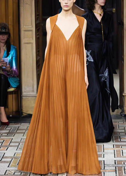 French Brown V Neck Wrinkled Chiffon Long Dresses Sleeveless